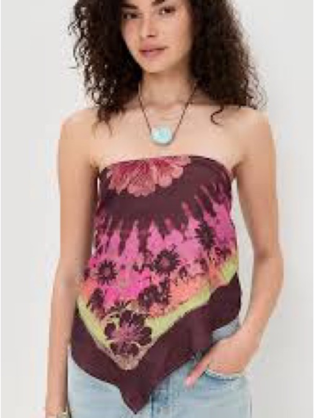 Free People Strapless Floral Bandana Top in Burgundy, Pink & Lime